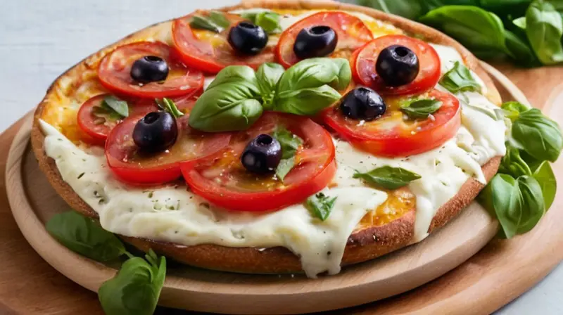 Una mesa de madera rústica presenta una ensalada fresca y colorida junto a una pizza humeante, todo iluminado por la luz natural