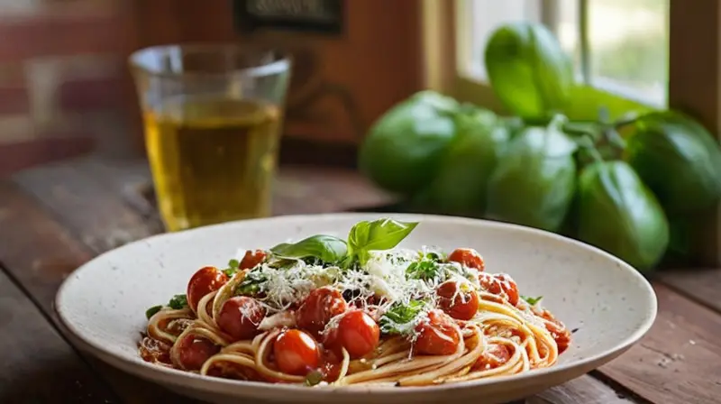 Una mesa rústica con ingredientes frescos y coloridos crea una atmósfera acogedora y deliciosa