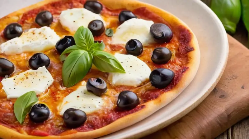 Una pizza deliciosa con una corteza dorada, salsa de tomate vibrante, mozzarella fundida, pimientos coloridos, aceitunas negras, queso feta, ajo, champiñones salteados y un toque de orégano, todo presentado de manera apetecible