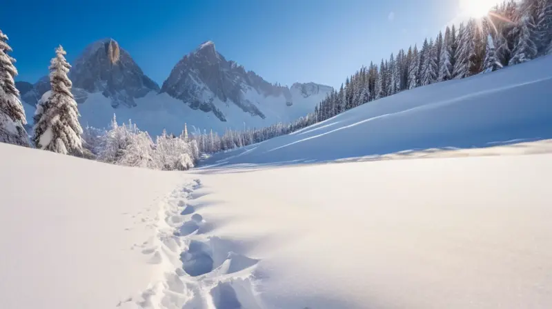 Un paisaje invernal sereno con montañas nevadas, pinos verdes y esquiadores en un entorno de belleza natural