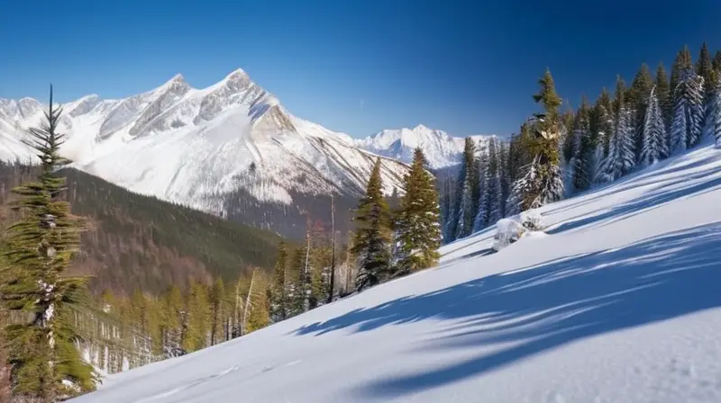 Un paisaje montañoso cubierto de nieve, con picos rugosos, cielo azul, nubes suaves y senderos de huellas en un entorno sereno y vasto