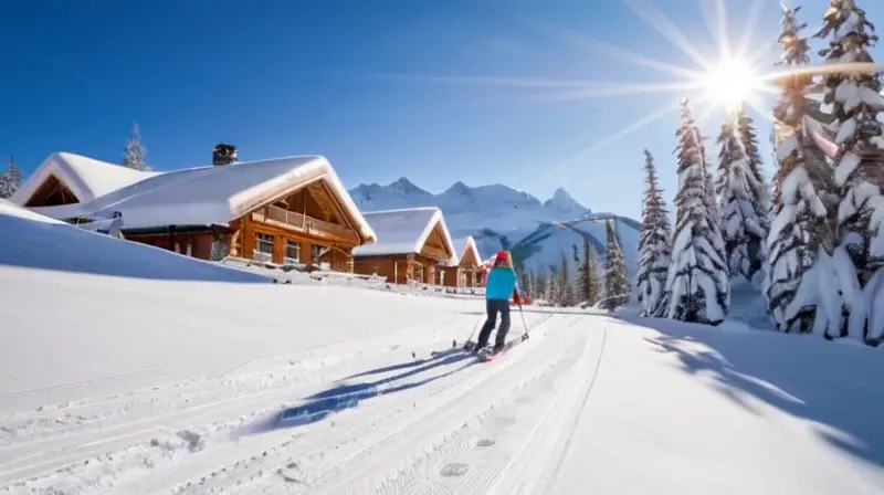 Un paisaje invernal alegre con familias esquiando, un acogedor lodge y niños construyendo un muñeco de nieve bajo un cielo azul