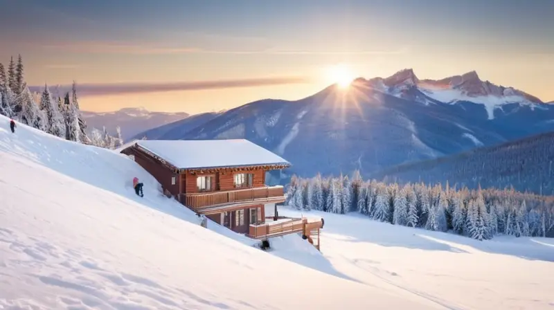 Un paisaje invernal idílico con nieve, pinos, chalets acogedores, esquiadores felices y un cielo azul