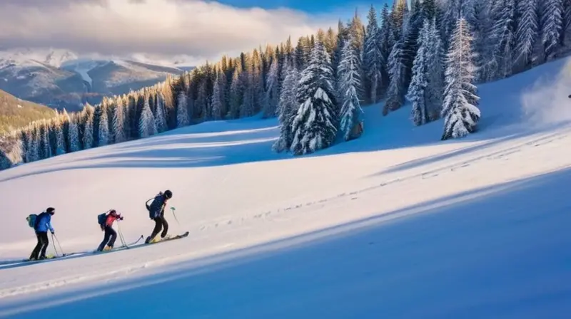 Un paisaje invernal sereno con familias esquiando, árboles verdes, montañas distantes y cabañas acogedoras