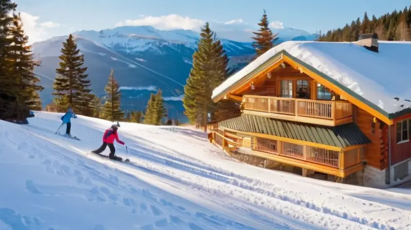 Un paisaje invernal con familias esquiando, un acogedor refugio y la belleza de la nieve brillante bajo el sol