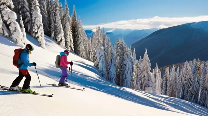 Un día de invierno vibrante con familias esquiando en laderas nevadas bajo un cielo azul