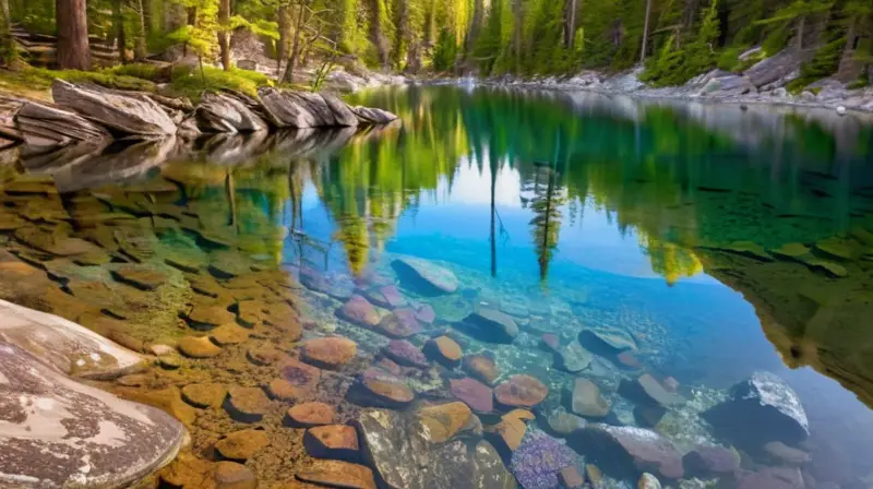 Un paisaje sereno con agua turquesa, rocas, musgo, flores vibrantes y montañas bajo un cielo azul