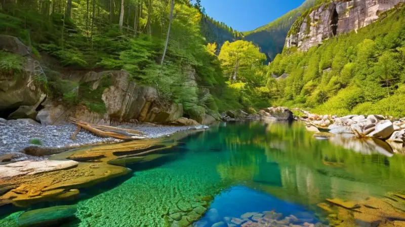 Un oasis tranquilo con agua turquesa, piedras suaves, vegetación exuberante y un paisaje iluminado por el sol