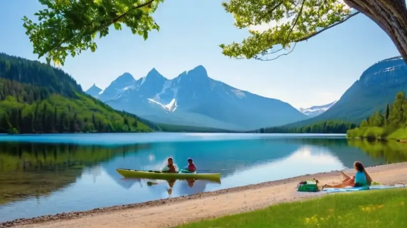 Un paisaje veraniego idílico con agua turquesa, árboles verdes, montañas nevadas y familias disfrutando al aire libre