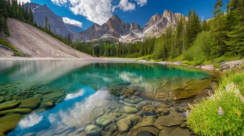 Un paisaje sereno con agua turquesa, piedras suaves, musgo verde, luz dorada y montañas imponentes invita a la exploración y conexión con la naturaleza