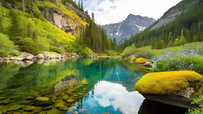 Un paisaje sereno con agua turquesa, piedras suaves, musgo verde, luz filtrada entre árboles, montañas rugosas y flores silvestres