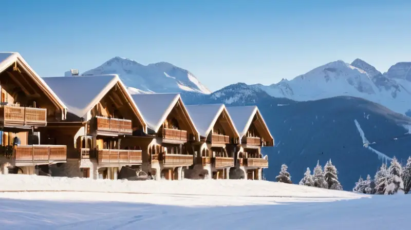 Un día perfecto de invierno en los Alpes franceses, con montañas nevadas, esquiadores vibrantes y un ambiente animado