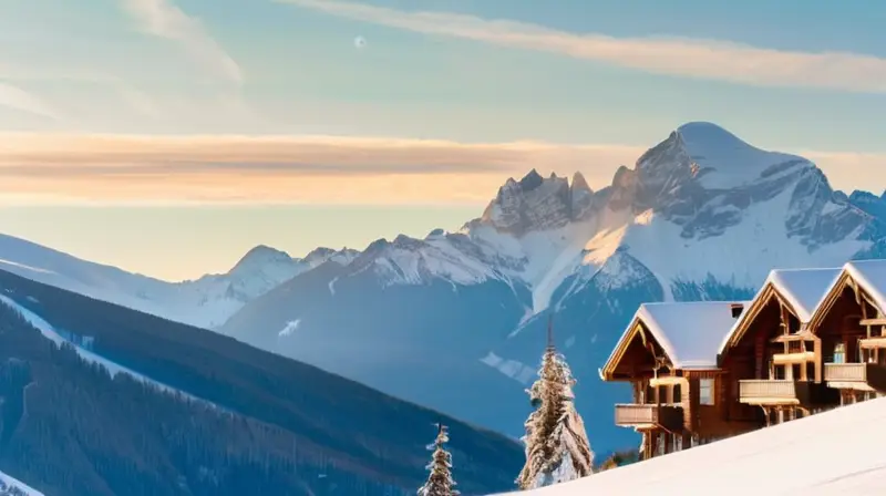 Un paisaje invernal de estaciones de esquí con nieve, montañas, esquiadores, cabañas acogedoras y un ambiente festivo