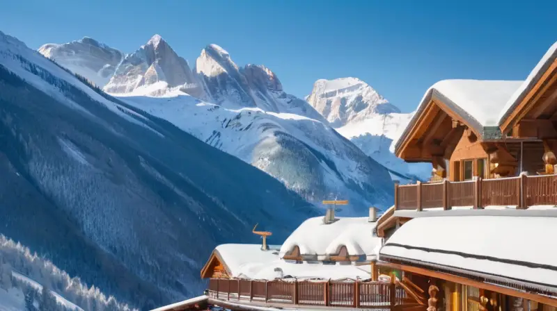 Un paisaje montañoso nevado con picos de los Dolomitas, esquiadores vibrantes y un ambiente acogedor de deportes de invierno