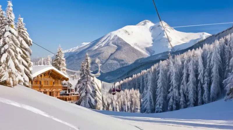 Un paisaje montañoso nevado con un cielo azul, árboles cubiertos de nieve, esquiadores en acción y un acogedor chalet emitiendo luz cálida