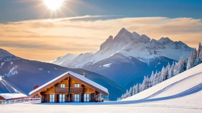 Un paisaje alpino nevado con montañas, esquiadores vibrantes y cabañas de madera bajo un cielo azul