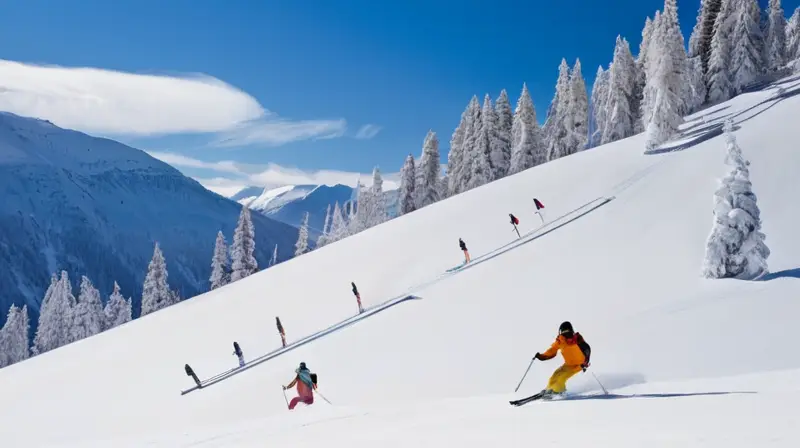 Un paisaje invernal vibrante con esquiadores enérgicos, montañas nevadas y un ambiente lleno de emoción