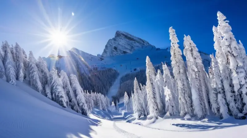 Un paisaje invernal vibrante con montañas nevadas, esquiadores en acción y un acogedor lodge entre los árboles