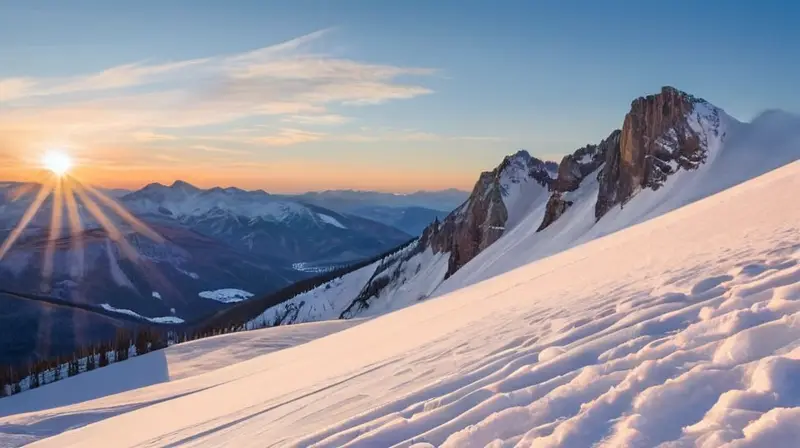 Un paisaje invernal vibrante y sereno con montañas nevadas, picos brillantes, esquiadores coloridos y un cielo azul