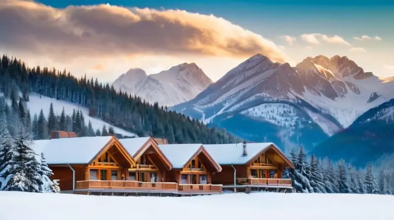 Un paisaje invernal de montañas nevadas, picos afilados, esquiadores alegres y cabañas rústicas bajo un cielo azul