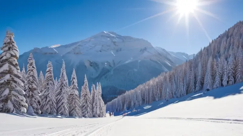 Un paisaje invernal vibrante con esquiadores, montañas, cabañas y un ambiente festivo bajo un cielo azul