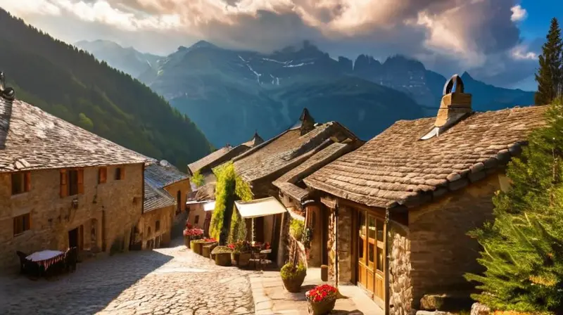 Un encantador pueblo alpino con cabañas de piedra, flores vibrantes y un ambiente acogedor