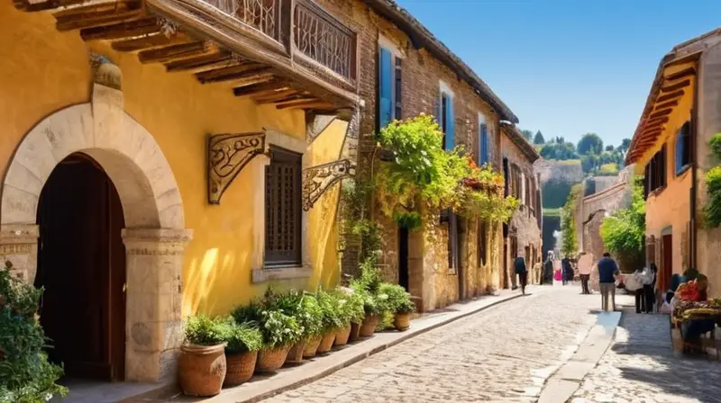 Un encantador paisaje urbano antiguo lleno de edificios de piedra, calles empedradas, flores vibrantes y una atmósfera atemporal