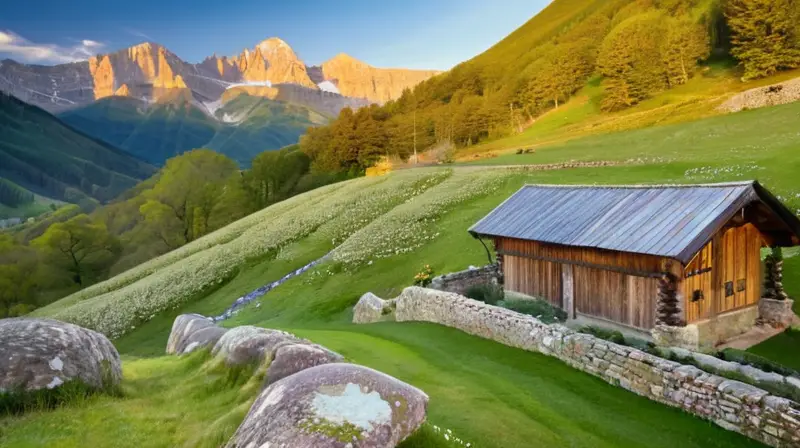 Un paisaje idílico de valles verdes, montañas rugosas, flores vibrantes y cabañas rústicas que evoca tranquilidad