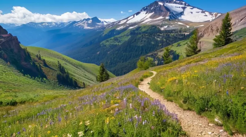 Un paisaje sereno y vibrante de valles verdes, montañas y flores silvestres invita a la exploración