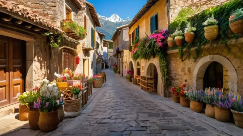 Un pintoresco pueblo con calles empedradas, casas de piedra, flores vibrantes, un mercado bullicioso y un ambiente de comunidad y tradición