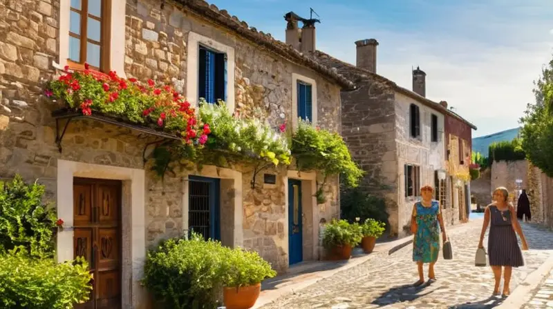 Un encantador pueblo de casas de piedra, flores vibrantes, calles empedradas y un ambiente tranquilo y lleno de vida