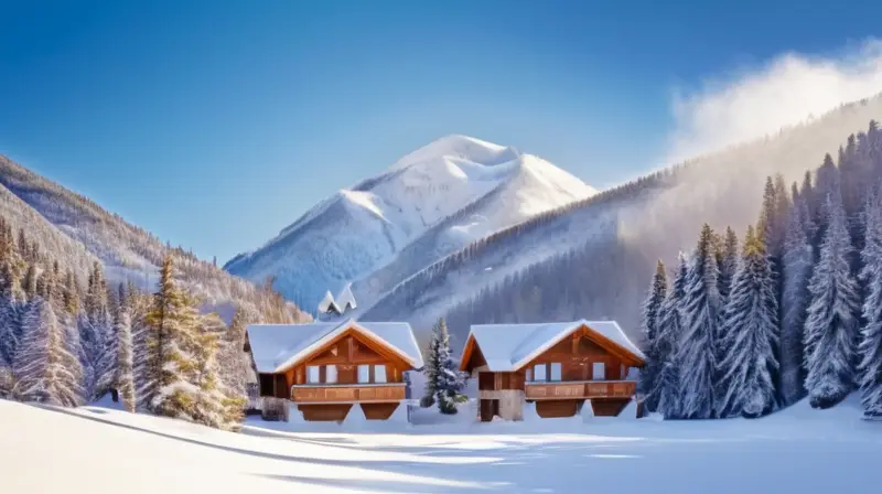 Un paisaje invernal vibrante con montañas nevadas, esquiadores, niños jugando y cabañas acogedoras bajo un cielo azul