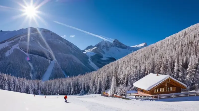 Un paisaje invernal vibrante con montañas nevadas, esquiadores, cabañas acogedoras y un ambiente alegre y sereno