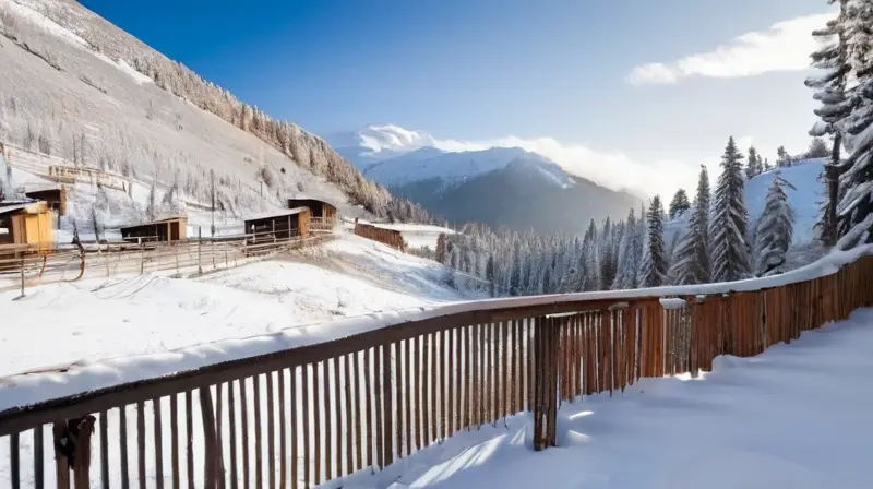 Un desolado resort de esquí muestra laderas nevadas, estructuras oxidadas y una atmósfera de abandono bajo un cielo azul