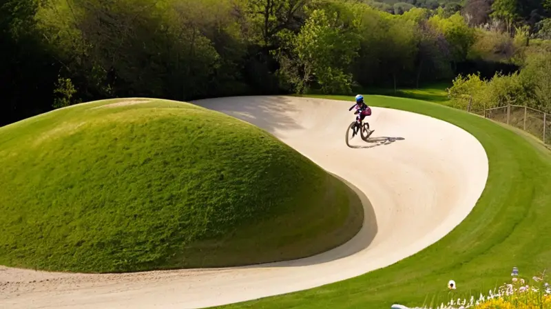 Una animada pista de pump track con ciclistas en acción