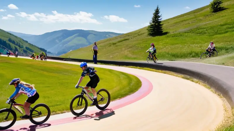 Una animada pista de pump track con ciclistas concentrados, un entorno vibrante y una atmósfera de comunidad y emoción