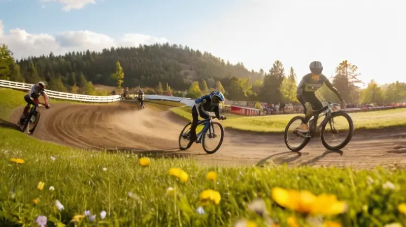 Una animada pista de pump track con ciclistas en acción, rodeada de naturaleza y bajo un cielo azul