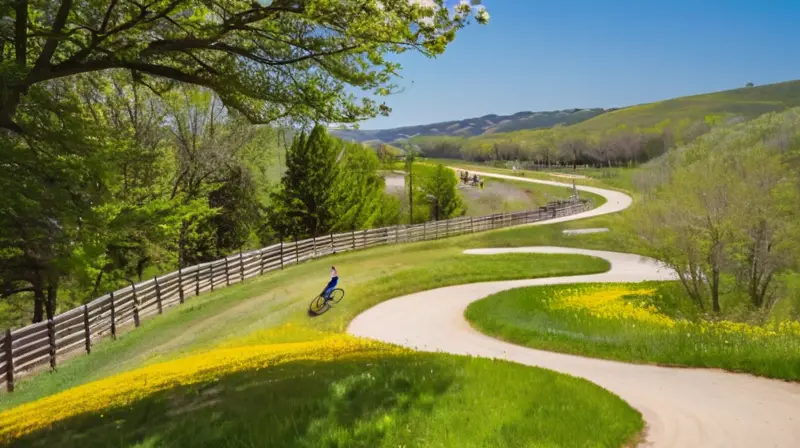 Una animada pista de pump track con ciclistas en movimiento, rodeada de naturaleza y espectadores capturando la acción