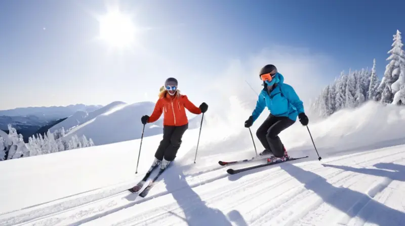 Un paisaje invernal vibrante con montañas nevadas, esquiadores y snowboarders en acción, y un ambiente acogedor