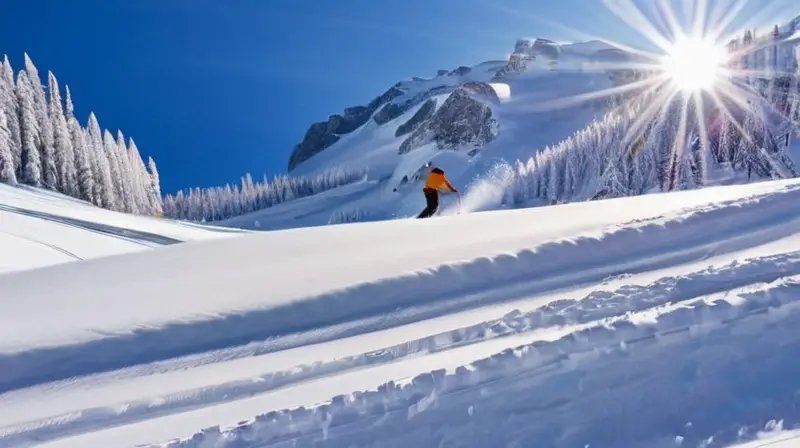 Un paisaje invernal vibrante con esquiadores y snowboarders disfrutando de la nieve bajo un cielo soleado y montañas majestuosas