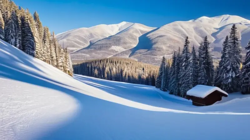 Un paisaje invernal idílico con montañas nevadas, esquiadores felices y un acogedor refugio de madera