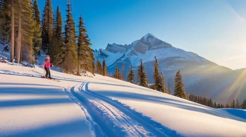 Un paisaje invernal lleno de familias esquiando, risas, nieve y calidez en un ambiente de aventura