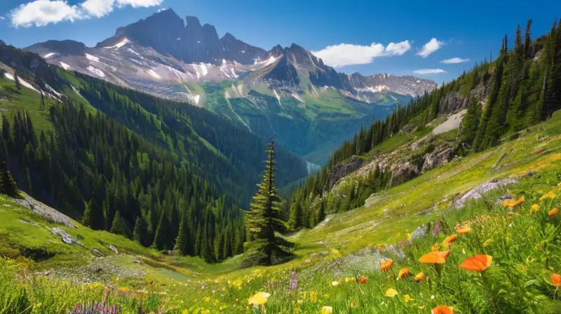 Un paisaje montañoso majestuoso con picos, valles verdes, lagos cristalinos y un ambiente de tranquilidad invita a la exploración