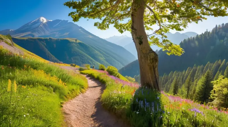 Un paisaje natural vibrante con montañas, valles verdes, flores silvestres, senderos, ríos y un cielo despejado que invita a la aventura