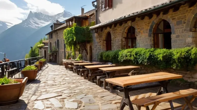 Una pintoresca calle empedrada con flores, un café animado y vistas a los majestuosos Pirineos, refleja una vibrante comunidad en armonía con la naturaleza