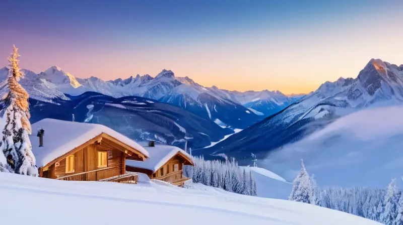 Un paisaje invernal de montañas nevadas, esquiadores en acción y cabañas acogedoras bajo un cielo azul