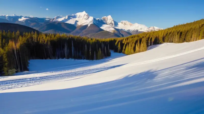 Un paisaje invernal de montañas nevadas, esquiadores en acción y chalets acogedores bajo un cielo azul