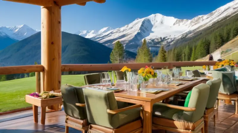 Terraza montañosa con deck de madera, mesas rústicas, vistas panorámicas, ambiente animado y cálido, y detalles de comida gourmet