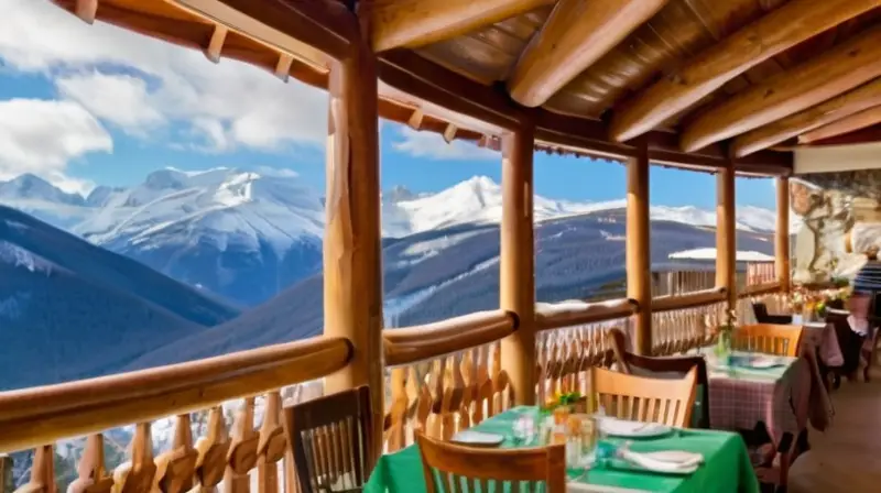 Terraza soleada con mesas rústicas