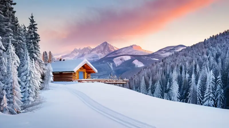 Un paisaje invernal sereno con senderos nevados, esquiadores en acción y una cabaña acogedora entre pinos